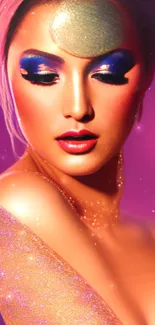 Futuristic portrait with bold makeup and vibrant magenta background.