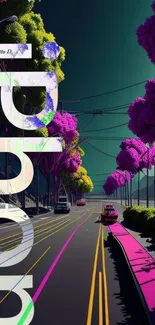 Futuristic road with neon purple trees in a vibrant cityscape.