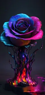 A vibrant, futuristic rose with glowing colors on a dark background.