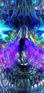 Vibrant and abstract futuristic skull with neon blue hues and colorful patterns.