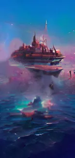 Futuristic sky ship in colorful dreamy seascape.