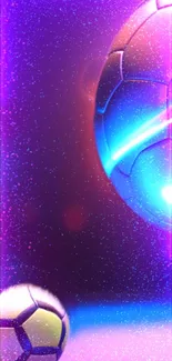 Futuristic soccer wallpaper with neon glowing soccer balls in a cosmic background.