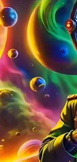 Vibrant cosmic adventure with colorful planets and a futuristic character.