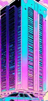 Futuristic neon tower mobile wallpaper with vibrant purple and turquoise hues.