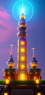 Futuristic glowing tower art with vibrant colors set against a sunset sky.