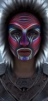 Futuristic tribal art wallpaper with intricate face paint and steel blue hues.