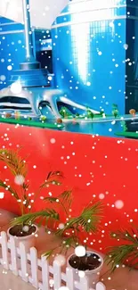 Futuristic winter scene with snowflakes on vibrant blue and red tones.