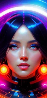 Futuristic neon digital art of a woman's face in vibrant colors.