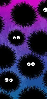 Cute fuzzy creatures on purple and blue gradient background.