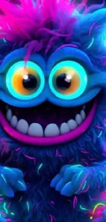 Colorful fuzzy monster with glowing eyes in neon hues for mobile wallpaper.