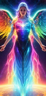 Vibrant cosmic angel with colorful wings.