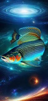 Colorful fish in a cosmic galaxy setting for mobile wallpaper.