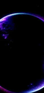 Purple and blue cosmic scene with a glowing planet on a black background.