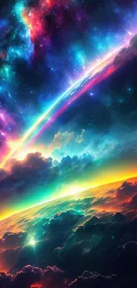 Vibrant cosmic scene with rainbow and galaxies in a surreal atmosphere.