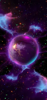 Colorful cosmic scene with vibrant purple and blue nebula surrounding a glowing planet.