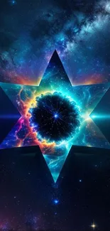 Galactic star design with vibrant colors on galaxy background.