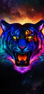 Vibrant cosmic tiger artwork on a phone wallpaper with colorful galaxy background.