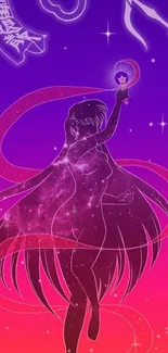 Anime artwork with cosmic silhouette and vibrant purple gradient.