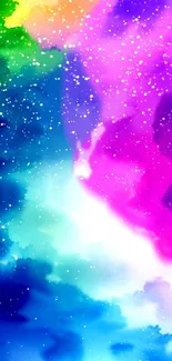 Colorful galaxy watercolor wallpaper with stars and vibrant hues.