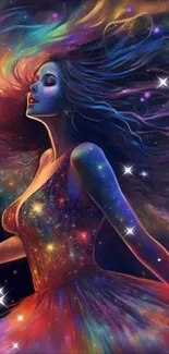 Vibrant digital art of a woman in a galaxy-inspired flowing dress with cosmic colors.