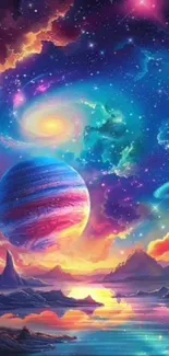 Vibrant galaxy art with planets and colorful nebula.