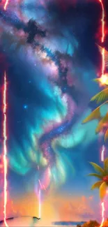 Vibrant galaxy with auroras and tropical palms on a beach wallpaper.