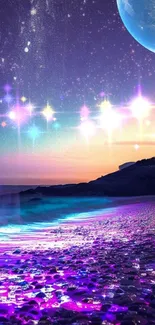 Purple and starry galaxy beach mobile wallpaper with ocean view.