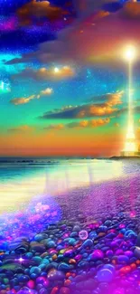 Vibrant galaxy beach with lighthouse and colorful stones at sunset.