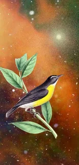 Bird on leafy branch with galaxy background wallpaper.