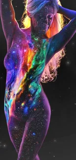 Colorful galaxy body art with vibrant cosmic patterns on a black background.