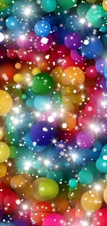 Vibrant mobile wallpaper with colorful bubbles and sparkles.