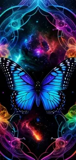 A vibrant blue butterfly with a neon cosmic background.