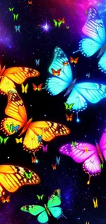 Vibrant butterflies fluttering in a colorful galaxy background as a mobile wallpaper.