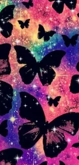 Vibrant galaxy wallpaper with black butterflies and colorful stars.