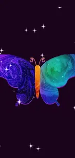 Vibrant butterfly with galaxy-themed wings on a purple starry background.