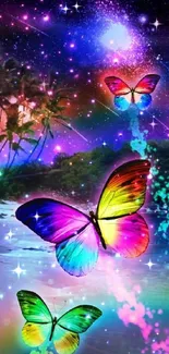 Vibrant galaxy wallpaper with colorful butterflies.