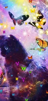 Galaxy-themed wallpaper with cat and butterflies.