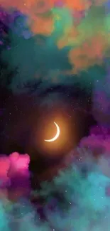 Vibrant cosmic clouds with crescent moon.