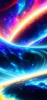 Vibrant galaxy wallpaper with swirling colors and cosmic curves.