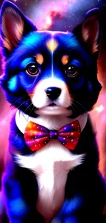 Vibrant blue galaxy wallpaper featuring a colorful dog with a bow tie.