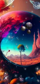 Vibrant dreamscape with planets and cosmic elements in a surreal setting.