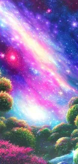 Colorful galaxy dreamscape wallpaper with vibrant celestial and natural elements.