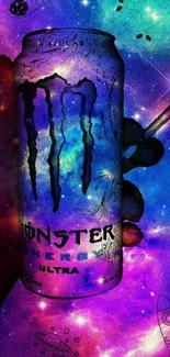 Hand holding an energy drink in a vibrant galaxy theme.