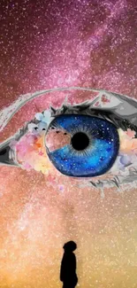 Surreal galaxy eye with flowers and cosmic background.