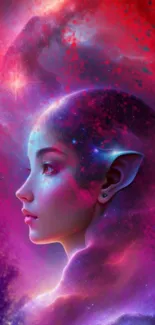 Fantasy portrait of a mystical figure immersed in colorful cosmic clouds.