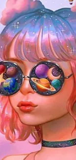 Digital art of a girl wearing cosmic-themed sunglasses with hot air balloons.