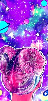 Galaxy-themed wallpaper with girl and cosmic elements in vibrant colors.