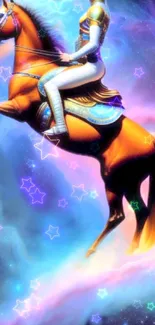 Vibrant horse and rider in a galaxy scene with colorful stars.