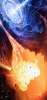 Vibrant cosmic wallpaper with fiery nebula and galaxy swirl.