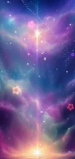 Vibrant galaxy with colorful light burst and cosmic clouds wallpaper.